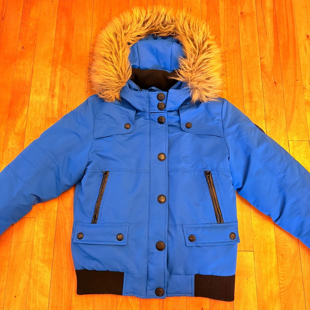 POINT ZERO Royal Blue Boy's Bomber Jacket with Faux Fur Hood - Size LARGE